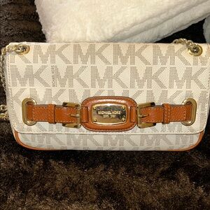 Michael Kors Beige & Brown MK Logo Shoulder Bag with Gold Hardware